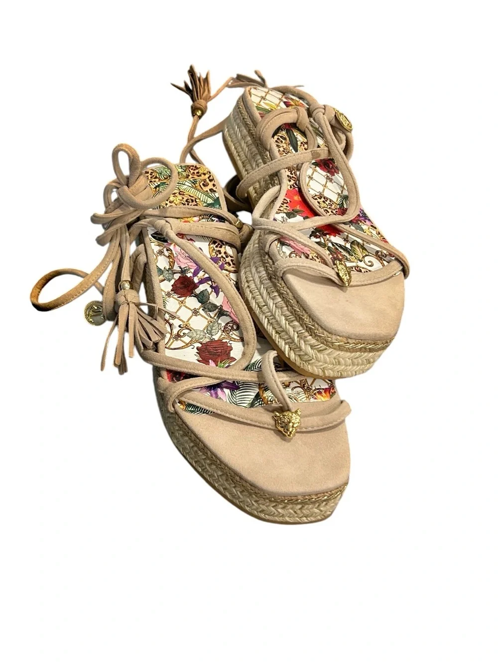 Camilla Colorful Wrap Fair Verona Lace Up Espadrille Wedge Sandals Gold Charm